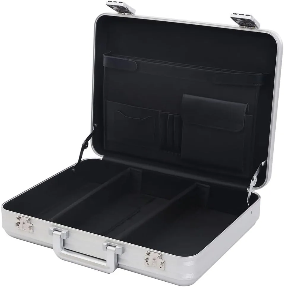 Silver Aluminum Attache Case Padded Laptop Briefcase Combo TSA Lock Hard Sided Money Suitcase