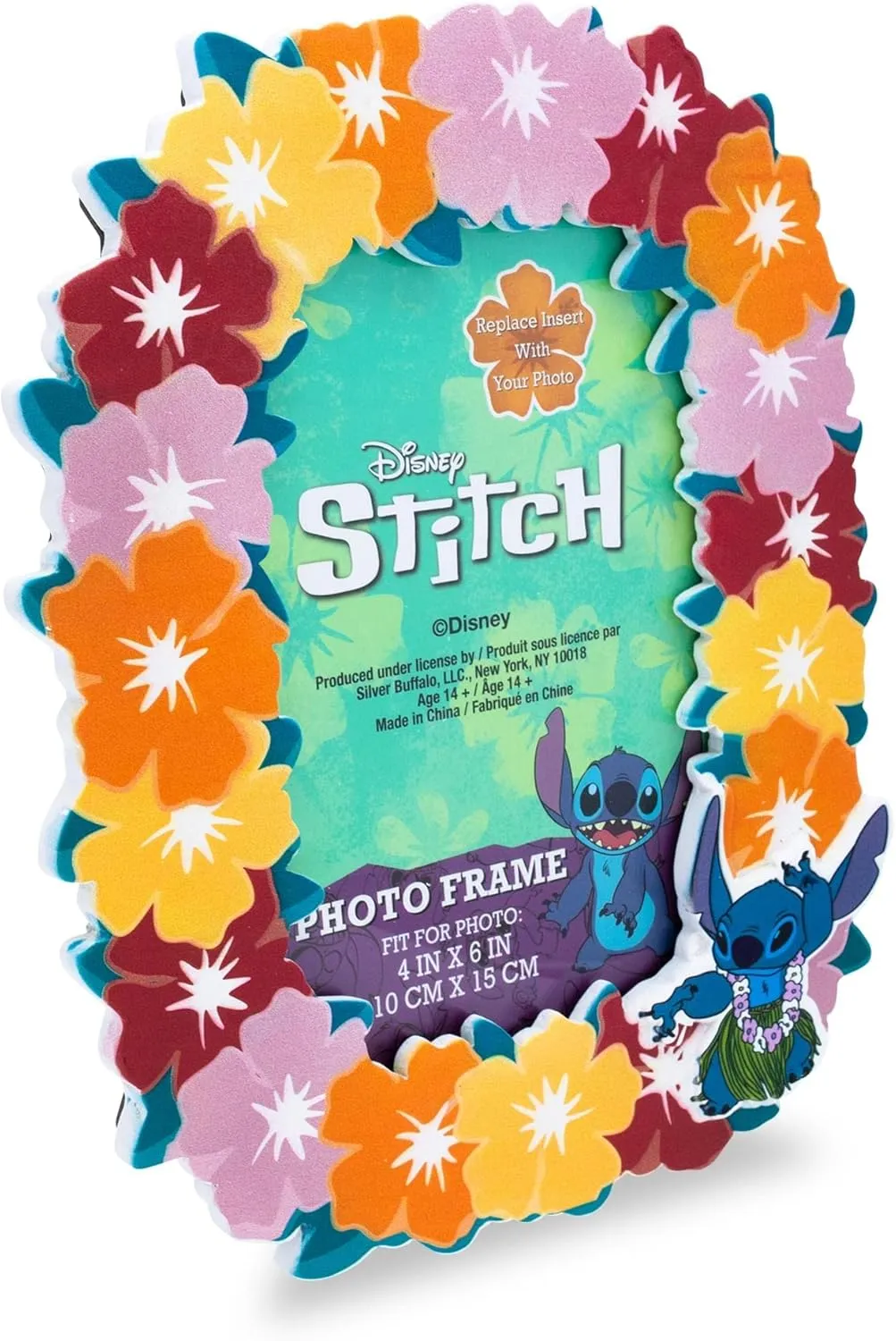 Silver Buffalo Disney Lilo and Stitch Hibiscus Hawaiian Lei Tropical Floral Photo Picture Frame, Pink Orange Red Yellow, 4 x 6 Inches