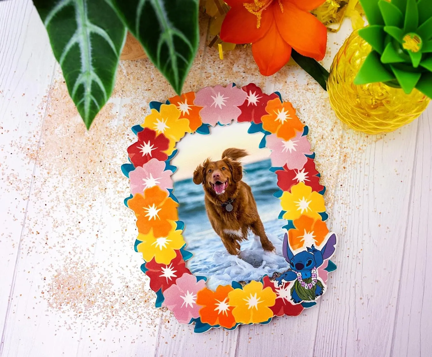 Silver Buffalo Disney Lilo and Stitch Hibiscus Hawaiian Lei Tropical Floral Photo Picture Frame, Pink Orange Red Yellow, 4 x 6 Inches