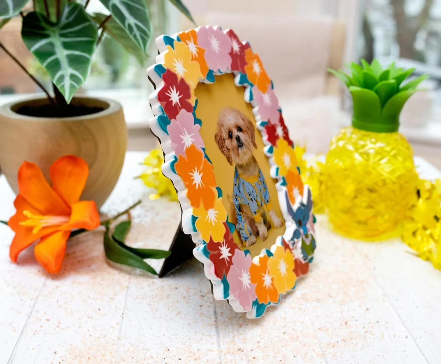 Silver Buffalo Disney Lilo and Stitch Hibiscus Hawaiian Lei Tropical Floral Photo Picture Frame, Pink Orange Red Yellow, 4 x 6 Inches