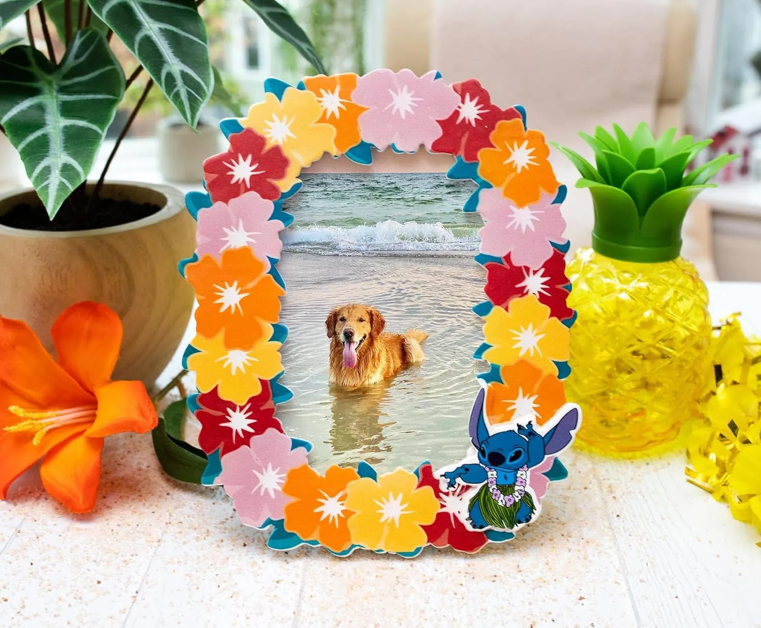 Silver Buffalo Disney Lilo and Stitch Hibiscus Hawaiian Lei Tropical Floral Photo Picture Frame, Pink Orange Red Yellow, 4 x 6 Inches