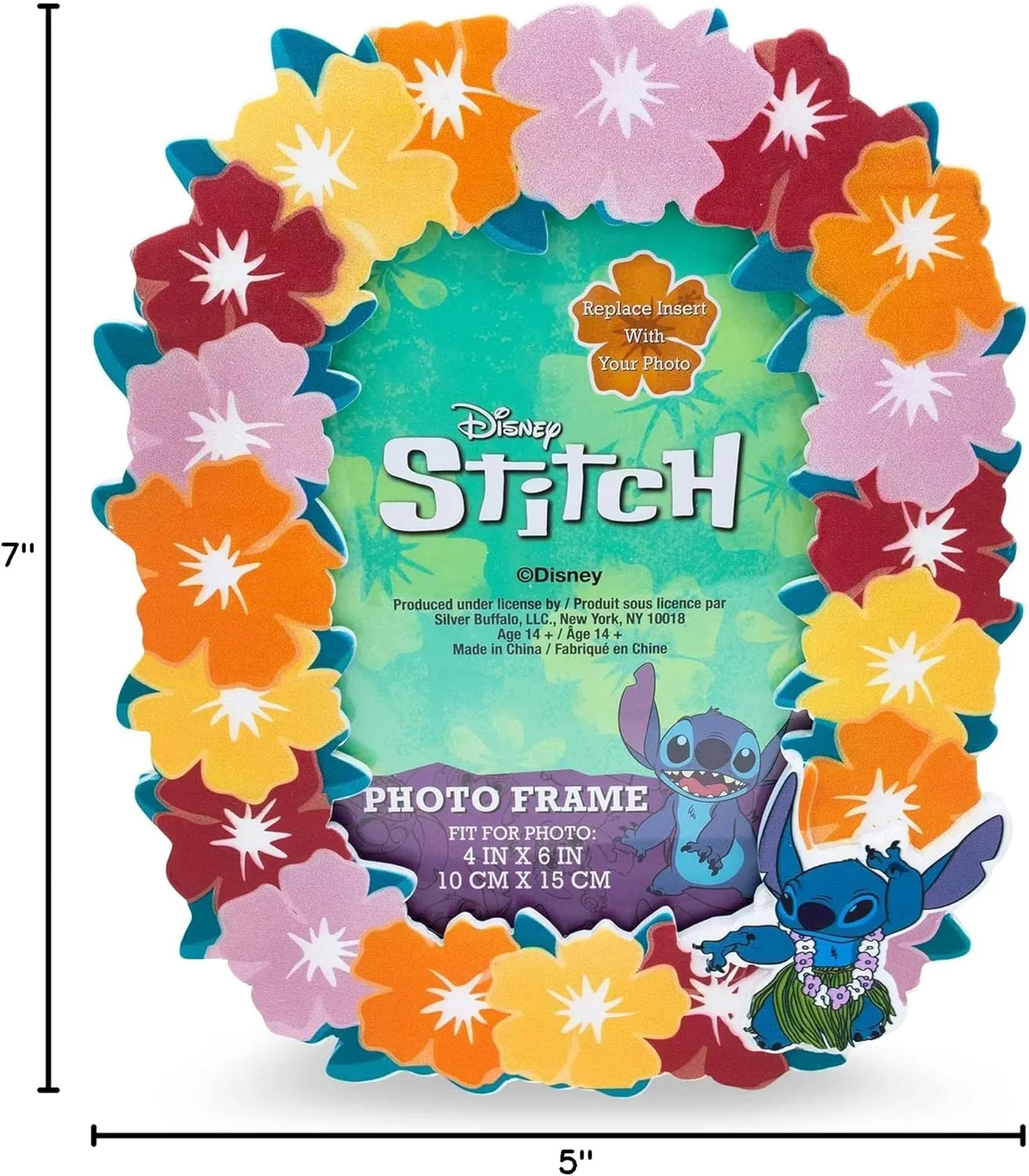Silver Buffalo Disney Lilo and Stitch Hibiscus Hawaiian Lei Tropical Floral Photo Picture Frame, Pink Orange Red Yellow, 4 x 6 Inches