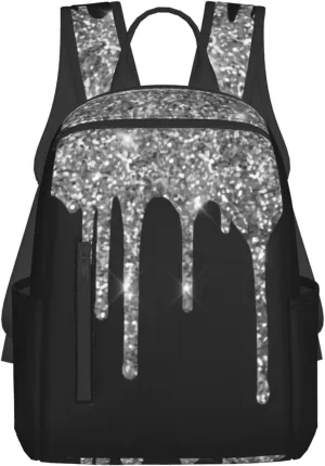 Silver Glitter Drips Sparkle Black Lightweight Backpack For Women Men, Casual Polyester Daypack Bookbag Travel Hiking Bag, Durable Laptop Backpack