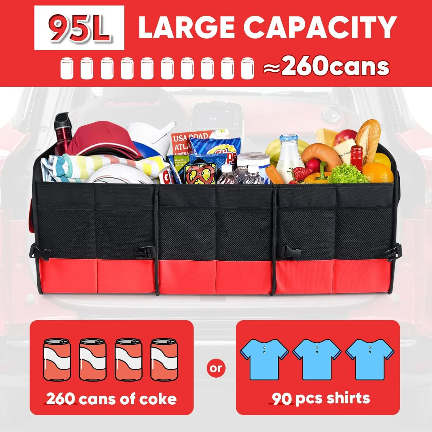 Simniam Large Trunk Organizer for Car, Collapsible Multi Compartment Car Trunk Organizer with 2 Retractable Straps, Suitable for All Kinds of Cars, SUV, Minivan - 4 Compartments Red
