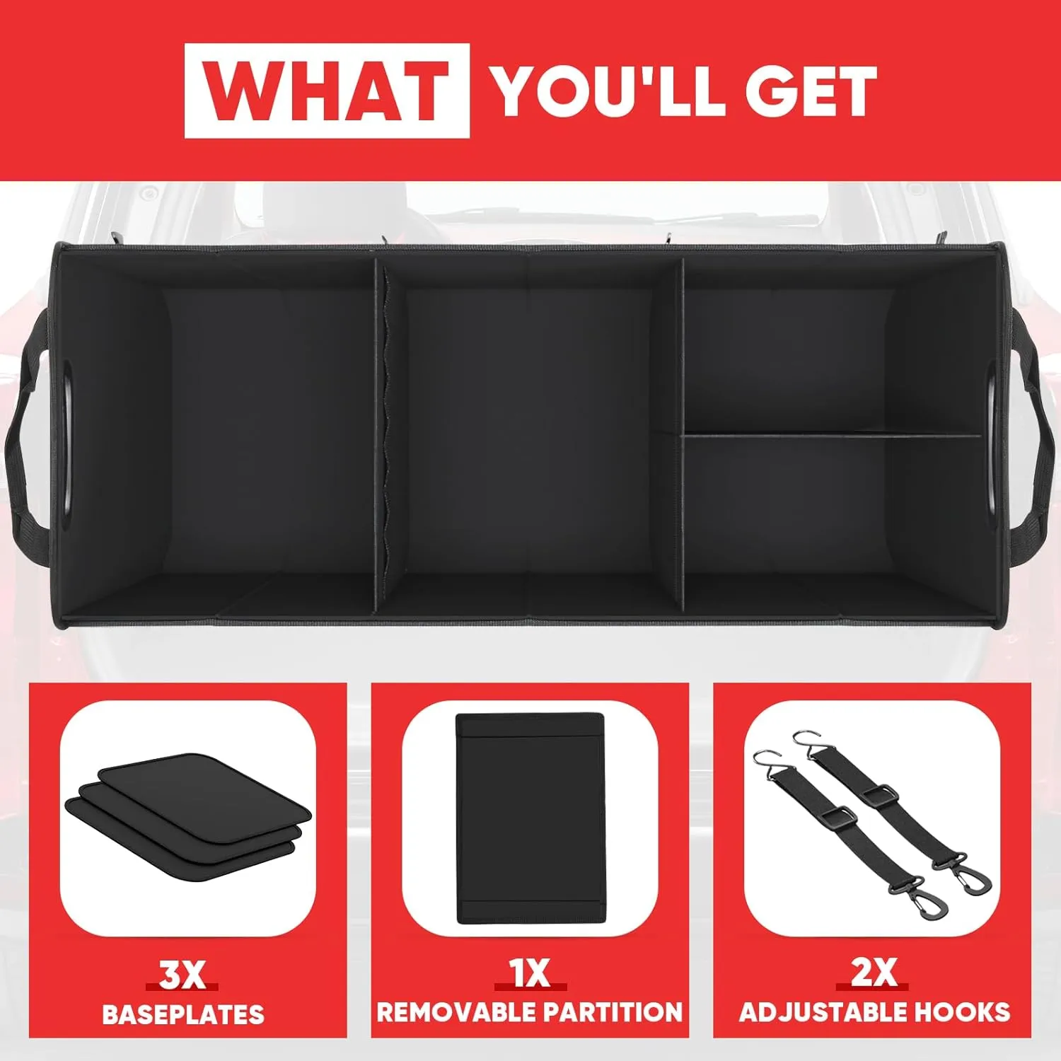 Simniam Large Trunk Organizer for Car, Collapsible Multi Compartment Car Trunk Organizer with 2 Retractable Straps, Suitable for All Kinds of Cars, SUV, Minivan - 4 Compartments Red