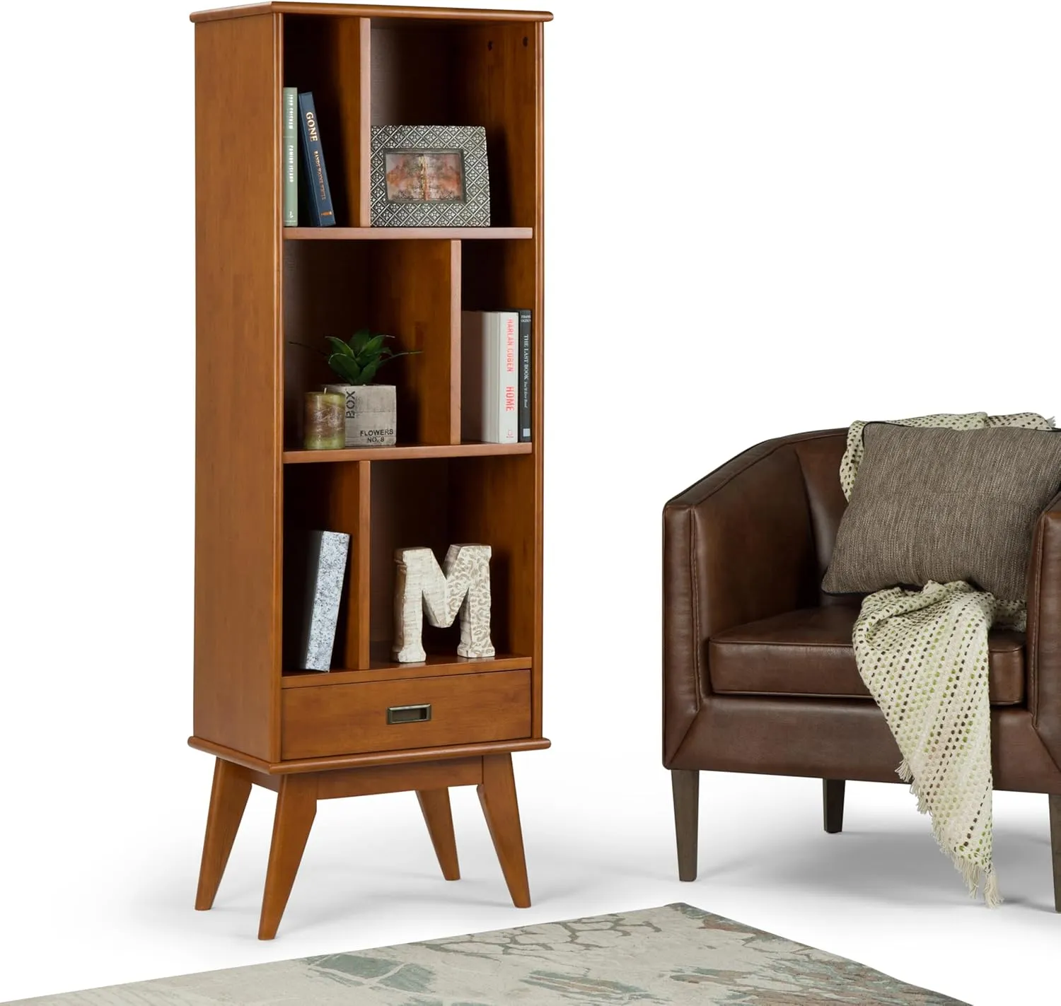 SIMPLIHOME Draper Bookcase - 64 inch Tall Solid Hardwood Storage Bookshelf in Teak Brown, Mid-Century Modern Storage for Living Room, Study Room or Office with Adjustable Shelves and Angled Legs