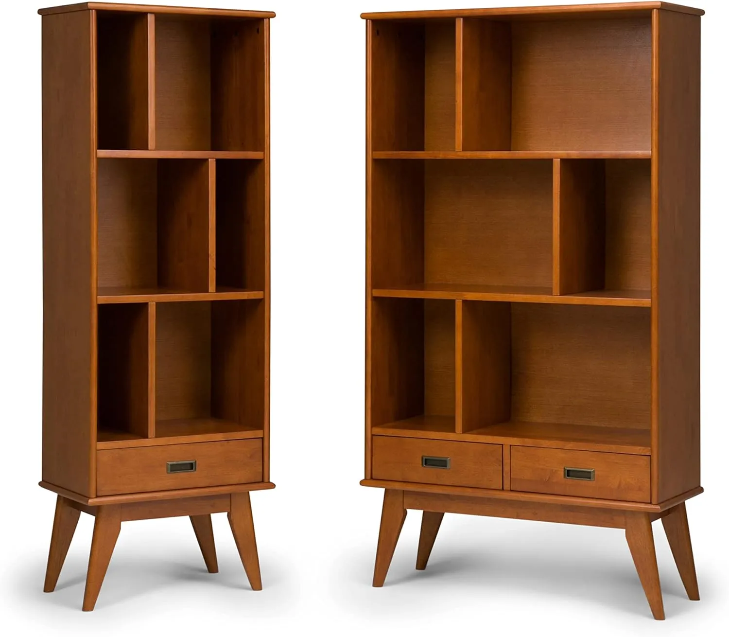 SIMPLIHOME Draper Bookcase - 64 inch Tall Solid Hardwood Storage Bookshelf in Teak Brown, Mid-Century Modern Storage for Living Room, Study Room or Office with Adjustable Shelves and Angled Legs