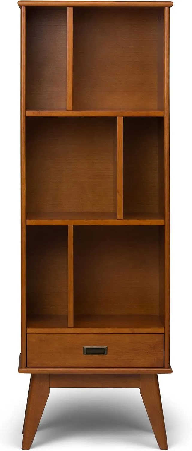 SIMPLIHOME Draper Bookcase - 64 inch Tall Solid Hardwood Storage Bookshelf in Teak Brown, Mid-Century Modern Storage for Living Room, Study Room or Office with Adjustable Shelves and Angled Legs