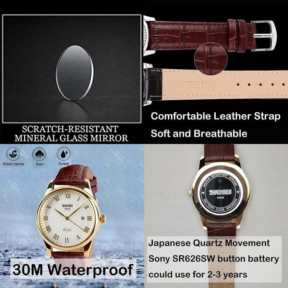 SKMEI Watch for Men Business Dress Classic Fashion Casual Black Leather Quartz Analog Waterproof Calendar Date Light Simple Wrist Watches Dad Fathers Gifts
