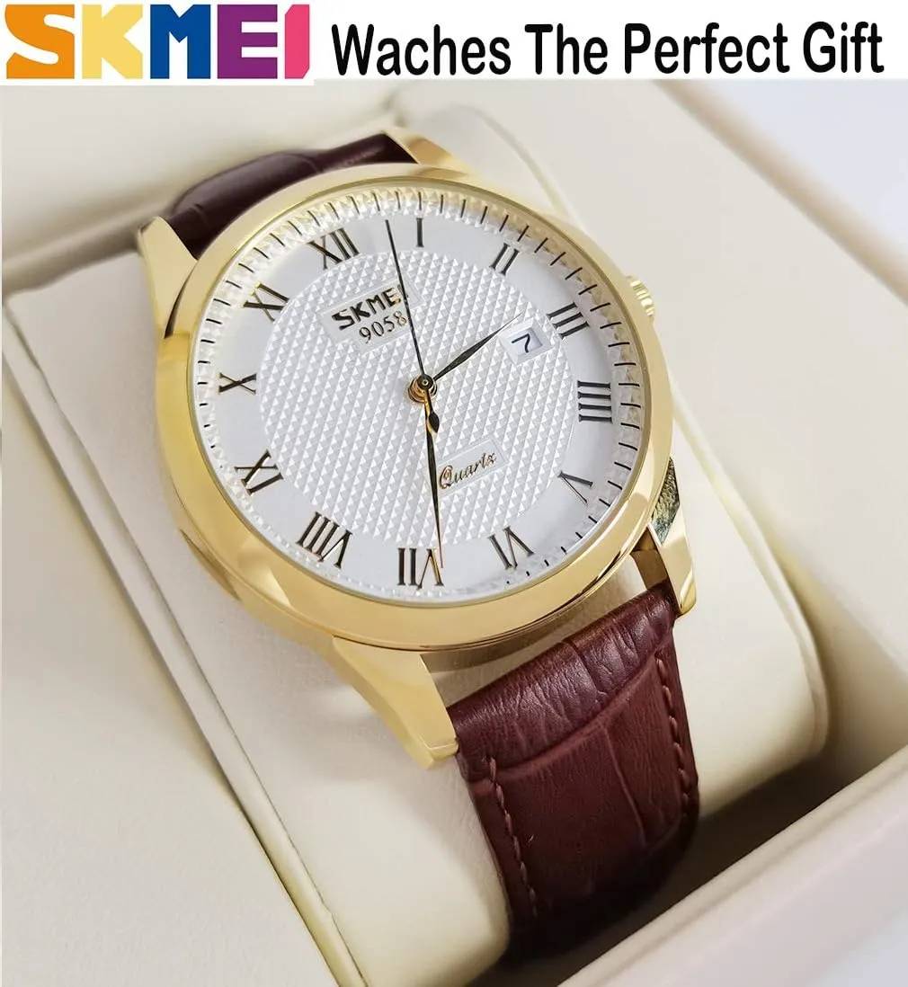 SKMEI Watch for Men Business Dress Classic Fashion Casual Black Leather Quartz Analog Waterproof Calendar Date Light Simple Wrist Watches Dad Fathers Gifts