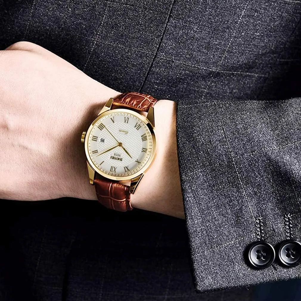 SKMEI Watch for Men Business Dress Classic Fashion Casual Black Leather Quartz Analog Waterproof Calendar Date Light Simple Wrist Watches Dad Fathers Gifts