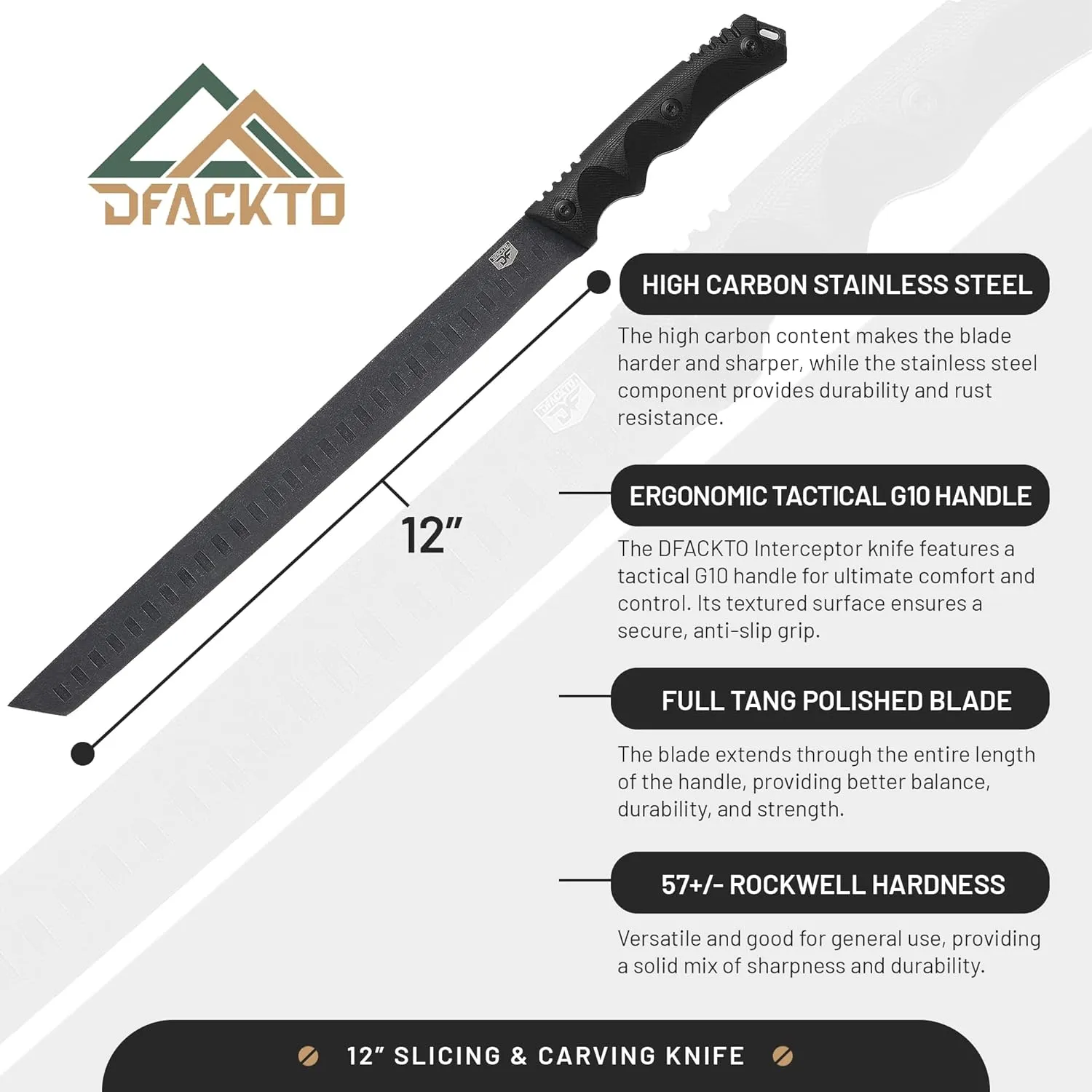 Slicing & Carving Knife - 12" - Interceptor Series - Granton Edge - G10 Handle - High Carbon Steel - w/ Sheath - Tactical Cutlery for Kitchen, Camping, and Outdoors