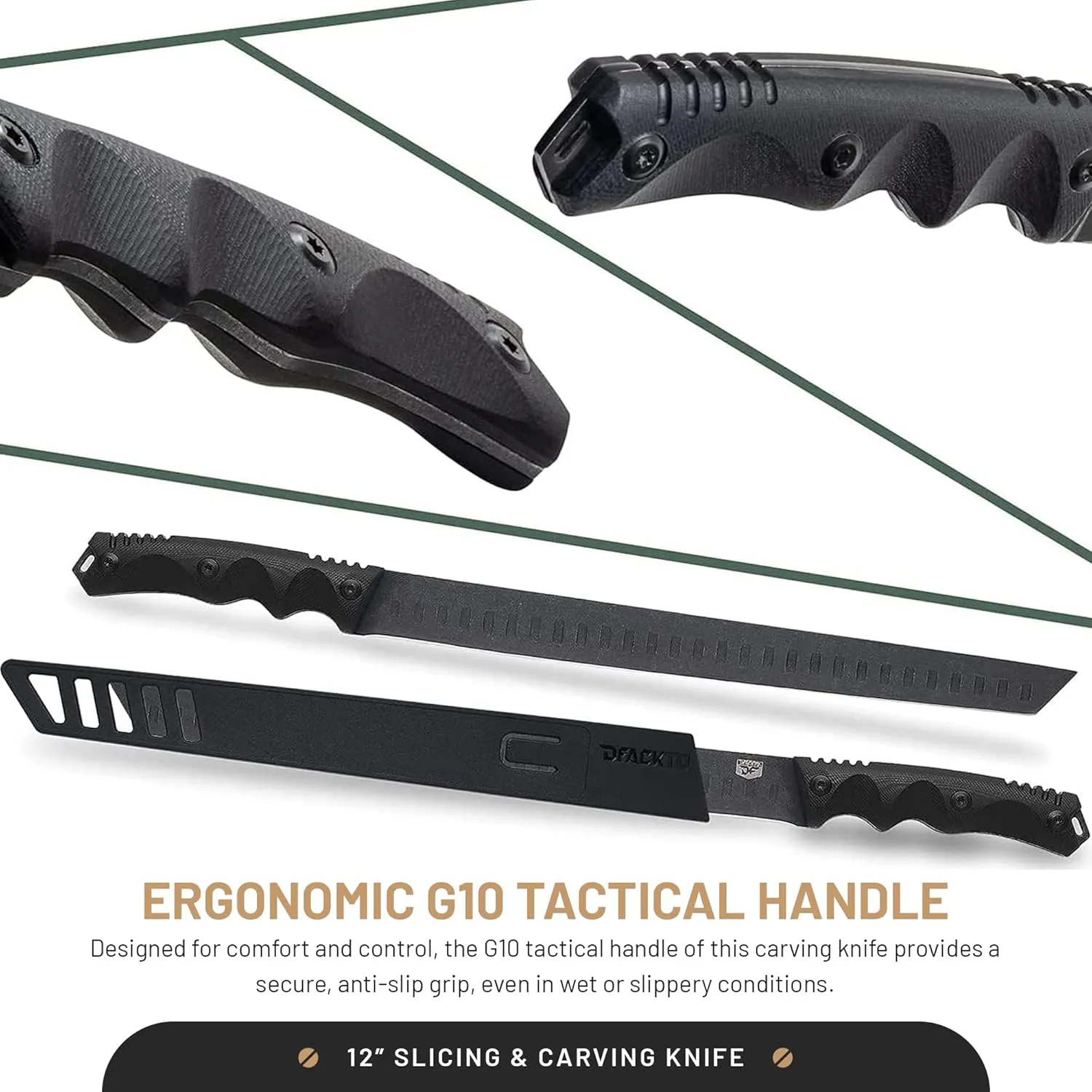 Slicing & Carving Knife - 12" - Interceptor Series - Granton Edge - G10 Handle - High Carbon Steel - w/ Sheath - Tactical Cutlery for Kitchen, Camping, and Outdoors