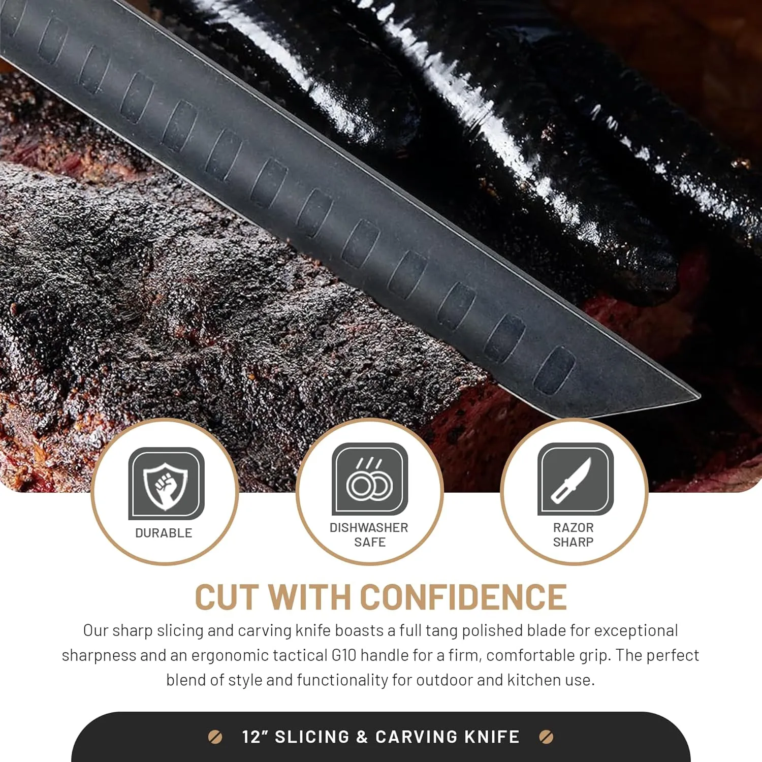 Slicing & Carving Knife - 12" - Interceptor Series - Granton Edge - G10 Handle - High Carbon Steel - w/ Sheath - Tactical Cutlery for Kitchen, Camping, and Outdoors