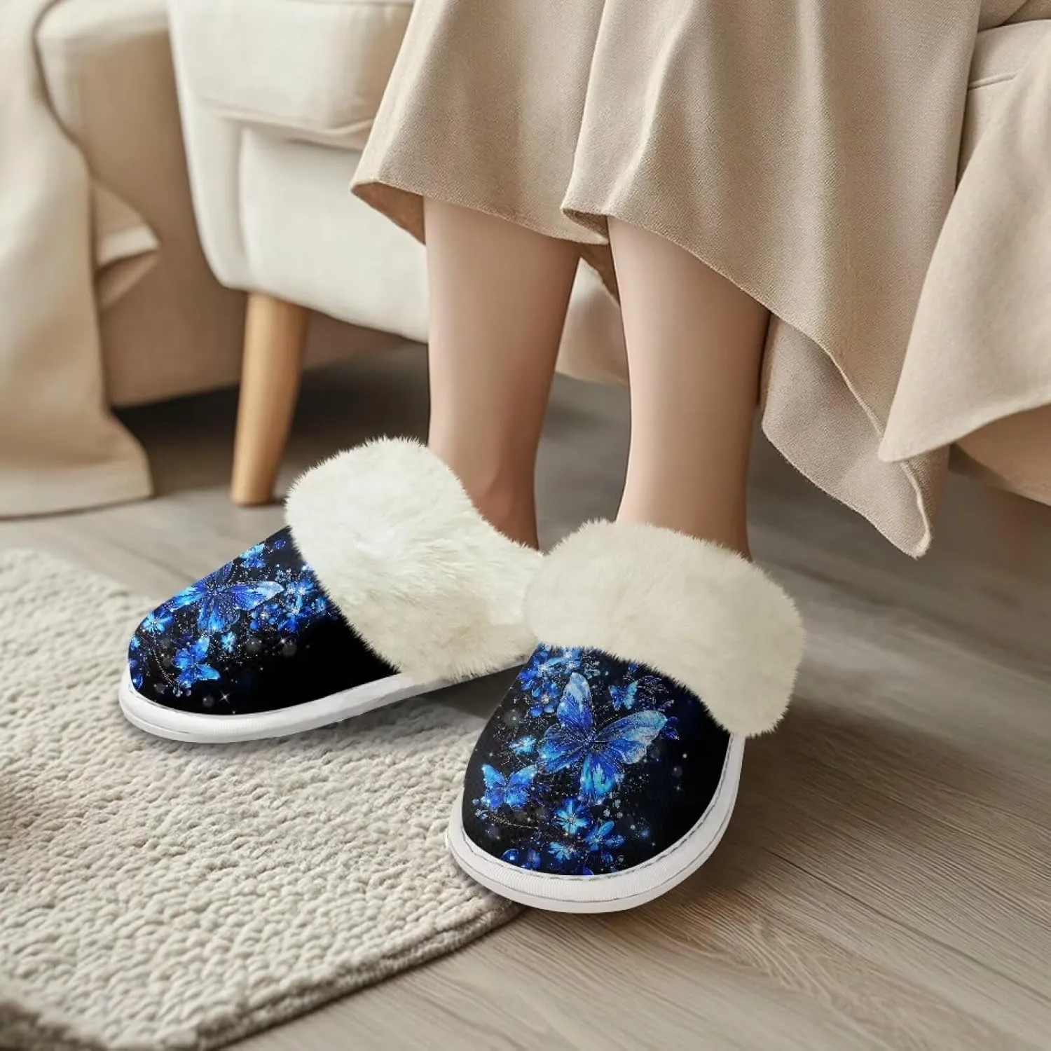 Slippers For Women Indoor And Outdoor, Anti-Slip Sole Fluffy Slippers Flannel Lined Slippers with Fur Edges
