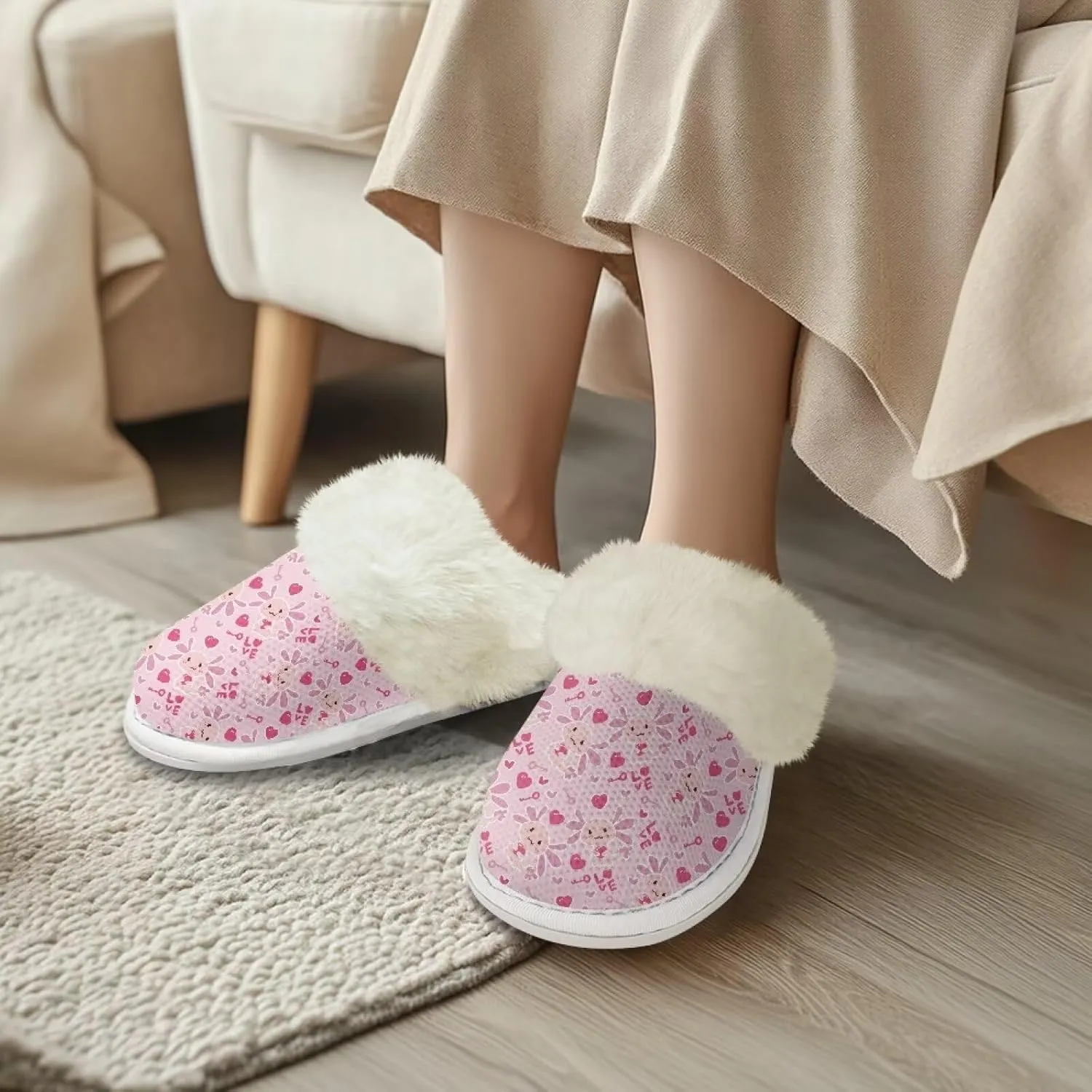 Slippers For Women Indoor And Outdoor, Anti-Slip Sole Fluffy Slippers Flannel Lined Slippers with Fur Edges
