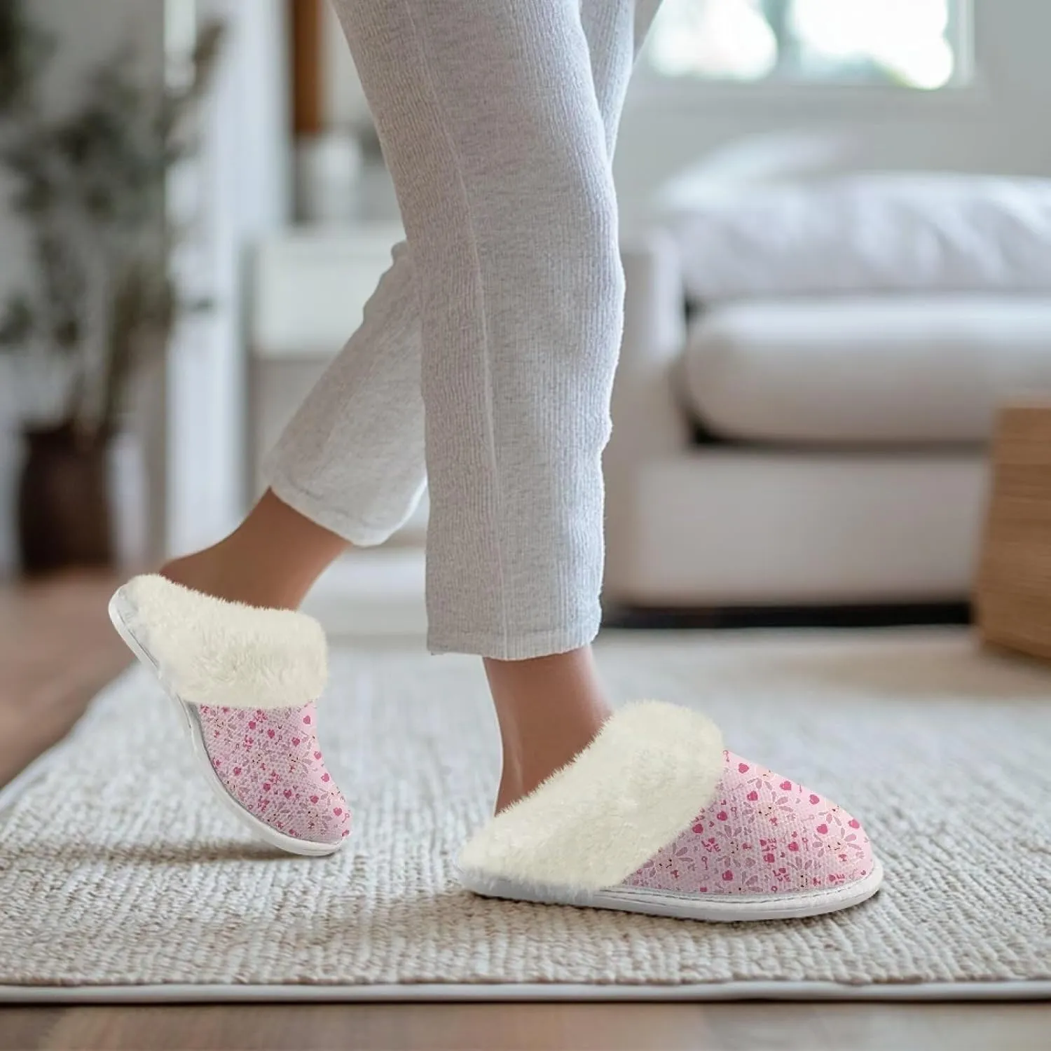 Slippers For Women Indoor And Outdoor, Anti-Slip Sole Fluffy Slippers Flannel Lined Slippers with Fur Edges