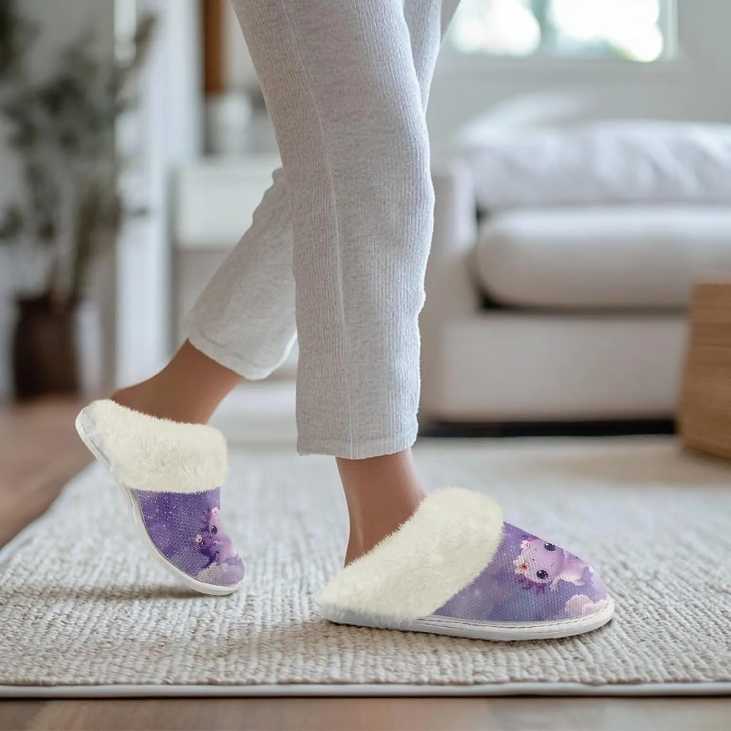 Slippers For Women Indoor And Outdoor, Anti-Slip Sole Fluffy Slippers Flannel Lined Slippers with Fur Edges