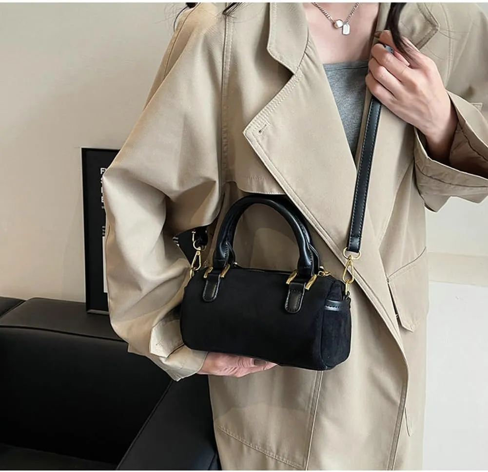 Slouchy Suede Boston Barrel Bag Women Corduroy Boho Satchels Shoulder Bag Crossbody Purse Mini Top-handle Tote Handbag