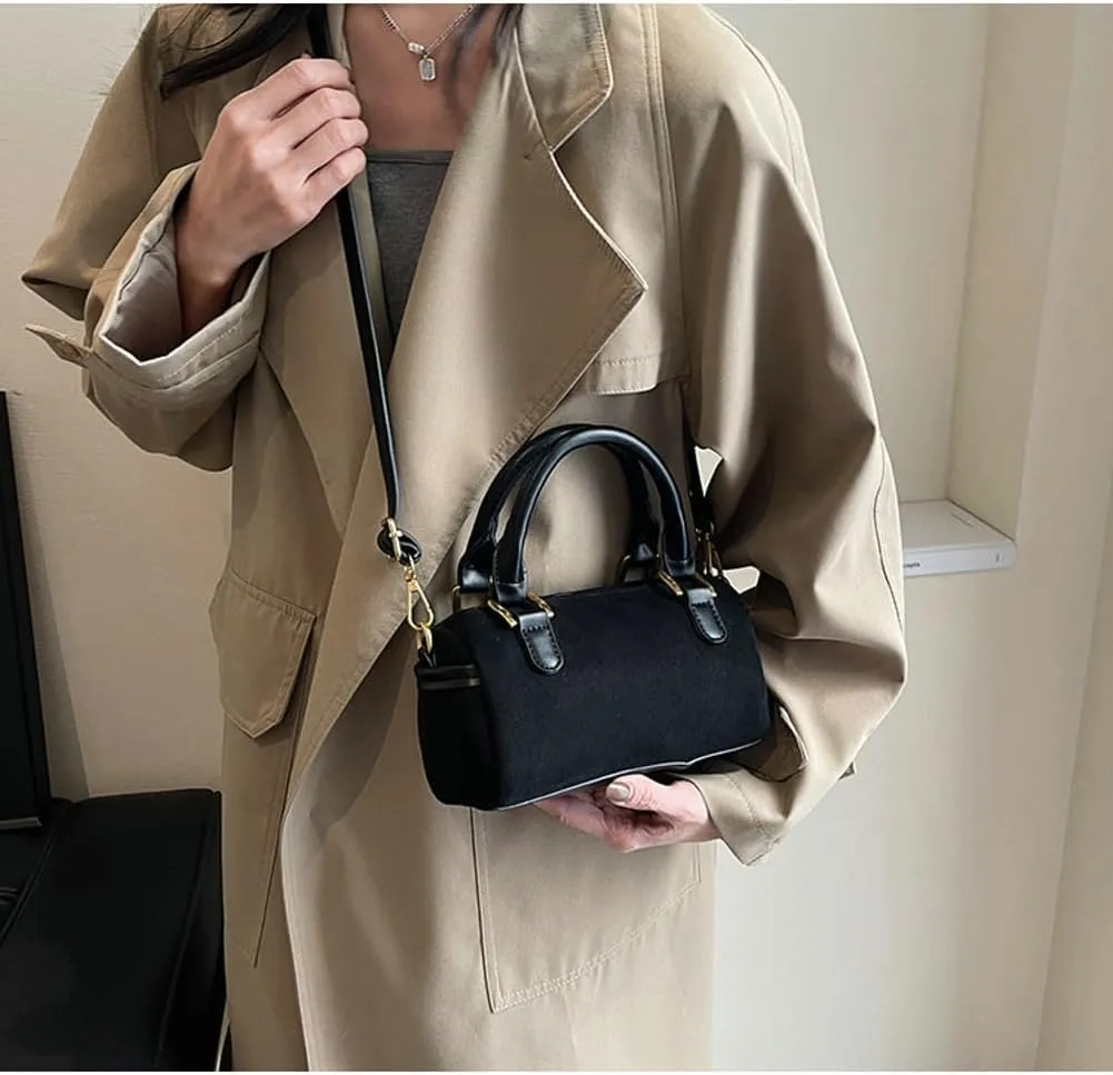 Slouchy Suede Boston Barrel Bag Women Corduroy Boho Satchels Shoulder Bag Crossbody Purse Mini Top-handle Tote Handbag