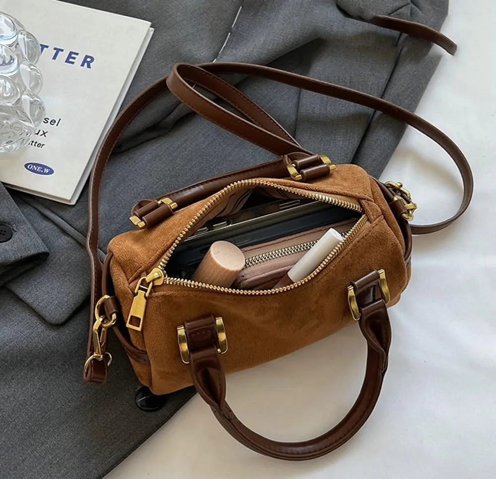 Slouchy Suede Boston Barrel Bag Women Corduroy Boho Satchels Shoulder Bag Crossbody Purse Mini Top-handle Tote Handbag
