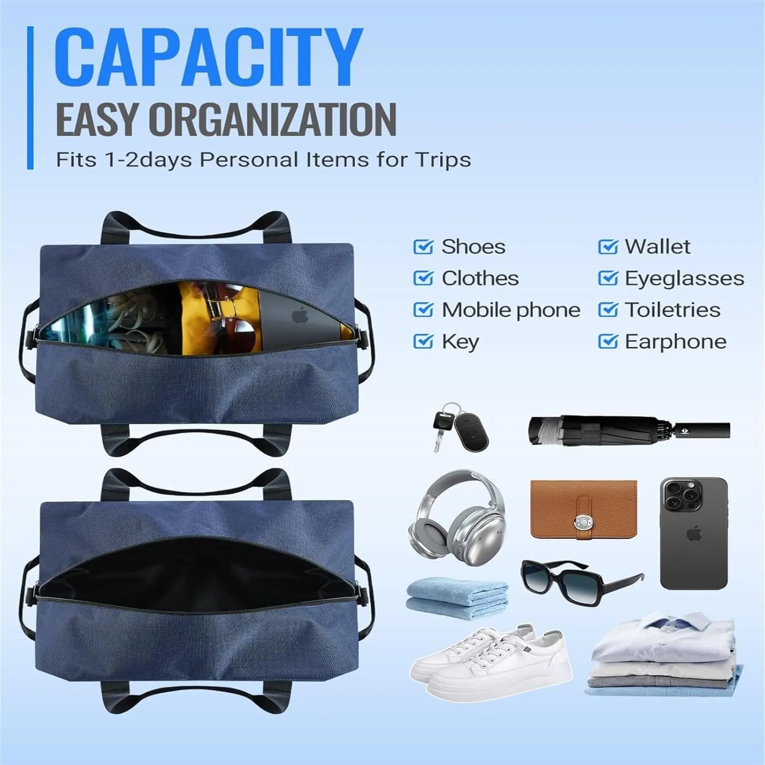 Small Gym Bag 14 Inch Mini Duffel Bag Carry On Bag Lightweight Travel Bag Carry On Luggage for Women and Men for Trips Or Sports (Blue, One Size)