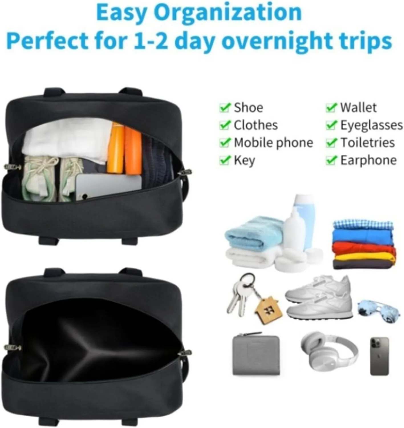 Small Gym Bag 14 Inch Mini Duffel Bag Carry On Bag Lightweight TravelBag Carry On Luggage For Women And Men For Trips Or Sports (Black, One Size)