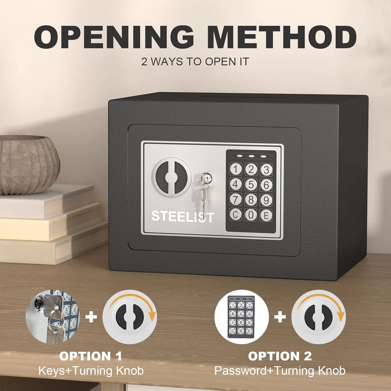 Small Safes for Home, 0.23 Cubic Fireproof Safe with Code, Safety Box with Key, Black Digital Security Safes, Fire Proof Safe for Jewelry, Cash, Personal Box for Home, Hotel or Business