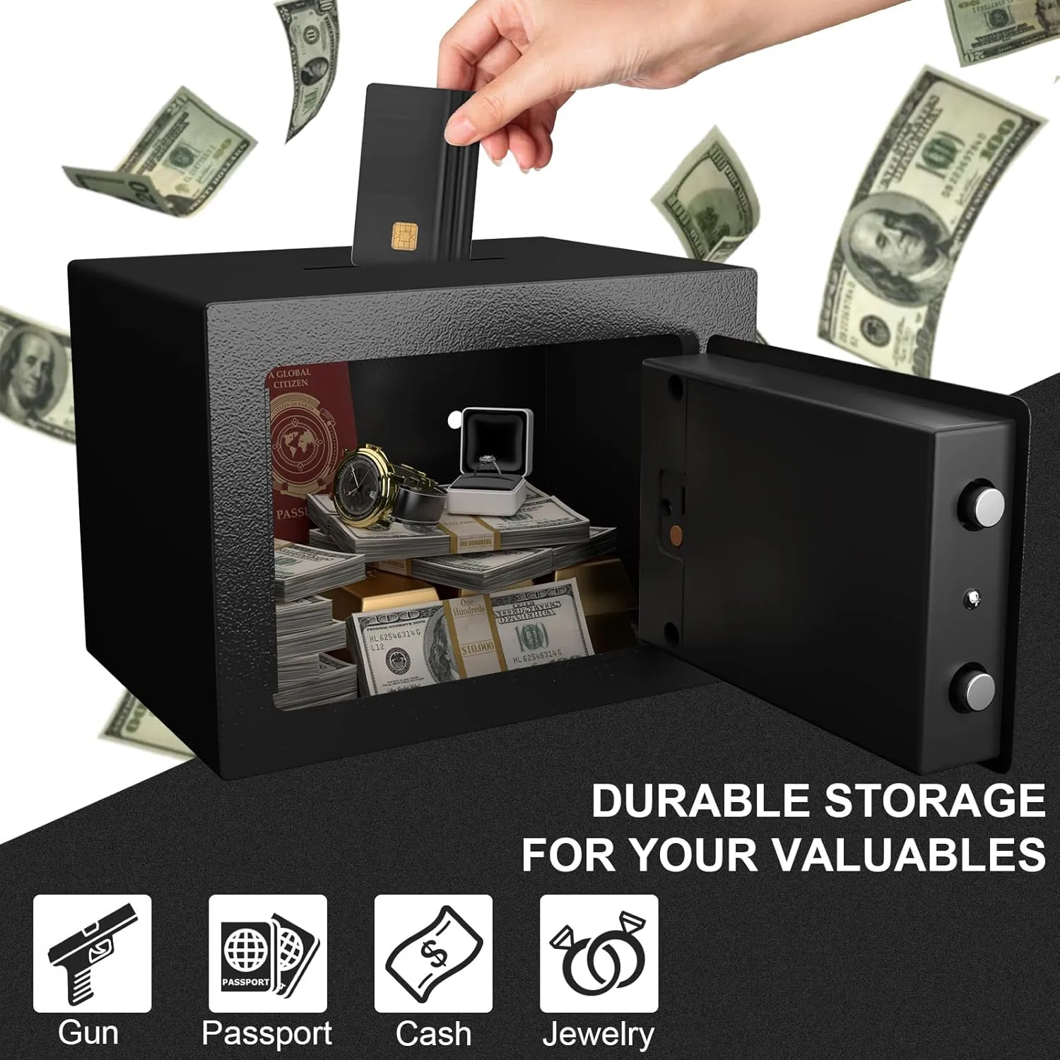 Small Safes for Home, 0.23 Cubic Fireproof Safe with Code, Safety Box with Key, Black Digital Security Safes, Fire Proof Safe for Jewelry, Cash, Personal Box for Home, Hotel or Business