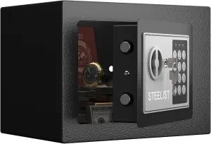 Small Safes for Home, 0.23 Cubic Fireproof Safe with Code, Safety Box with Key, Black Digital Security Safes, Fire Proof Safe for Jewelry, Cash, Personal Box for Home, Hotel or Business
