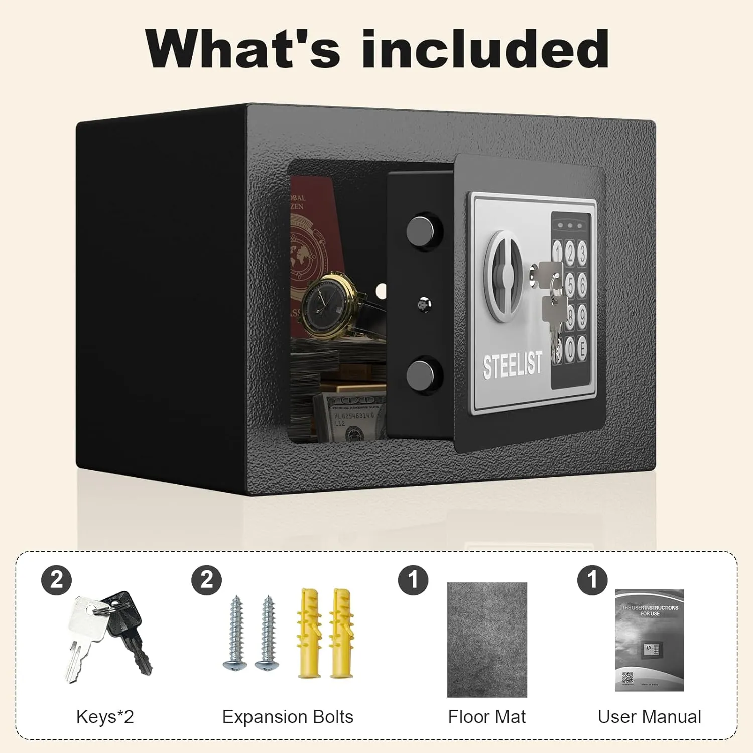 Small Safes for Home, 0.23 Cubic Fireproof Safe with Code, Safety Box with Key, Black Digital Security Safes, Fire Proof Safe for Jewelry, Cash, Personal Box for Home, Hotel or Business