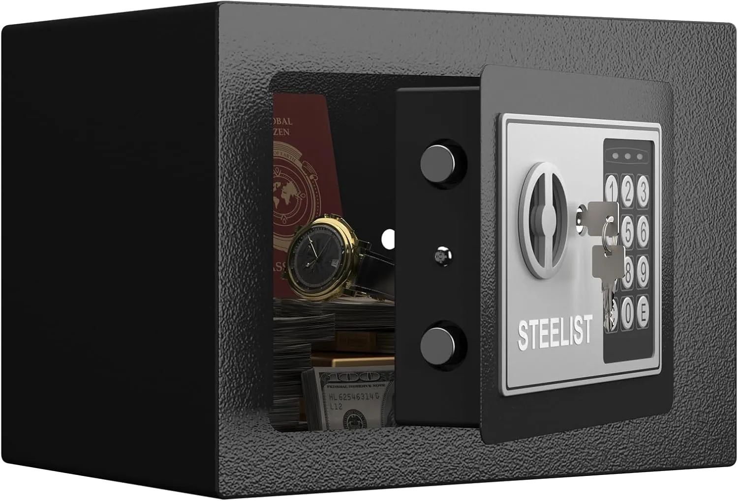Small Safes for Home, 0.23 Cubic Fireproof Safe with Code, Safety Box with Key, Black Digital Security Safes, Fire Proof Safe for Jewelry, Cash, Personal Box for Home, Hotel or Business