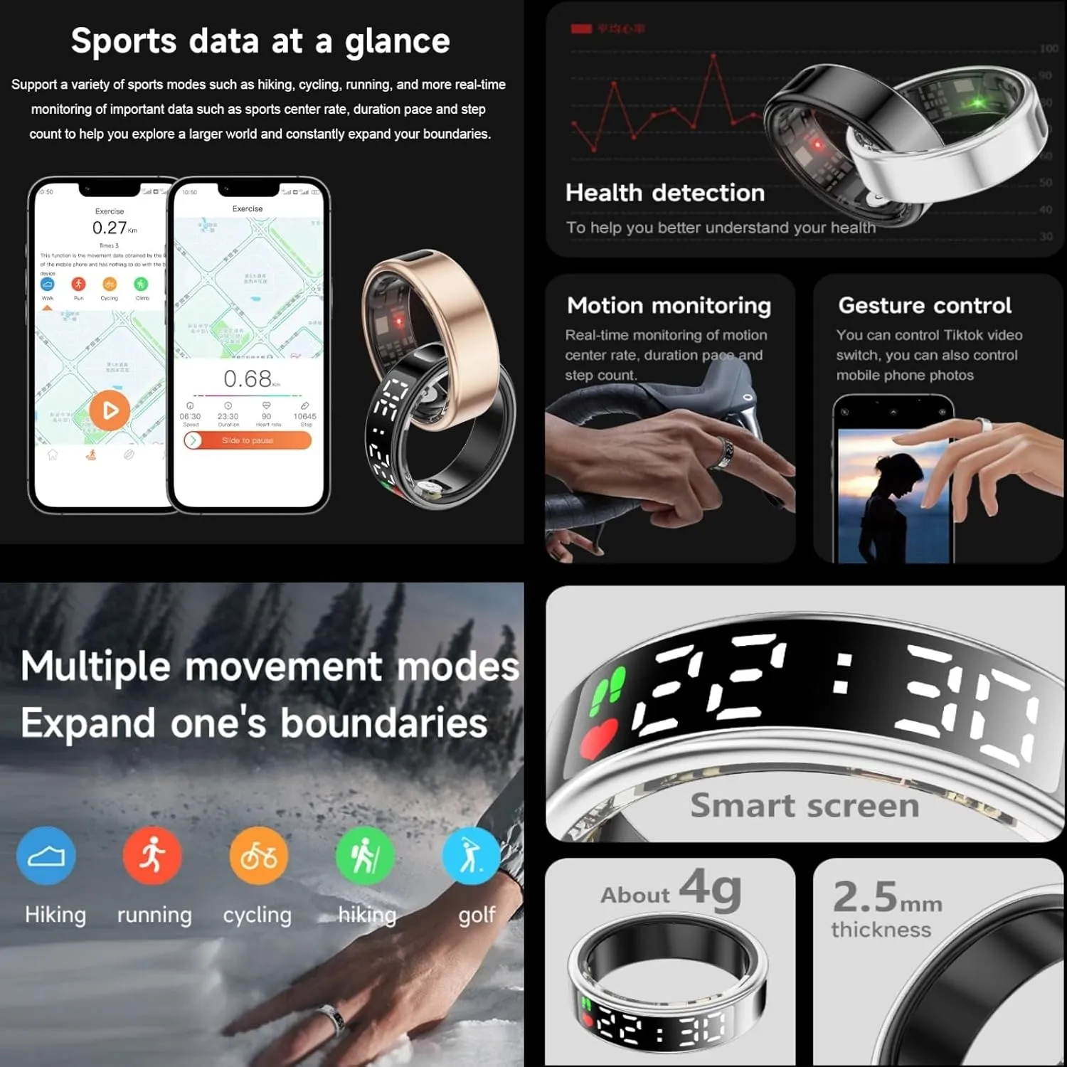 Smart Ring Health Tracker with LED Display Screen, 2025 Upgrade Sleep Heart Rate Health Monitor, Fitness Tracker, Remote Photography, No App Fee, IP68 Water-Resistance, Powerful Function