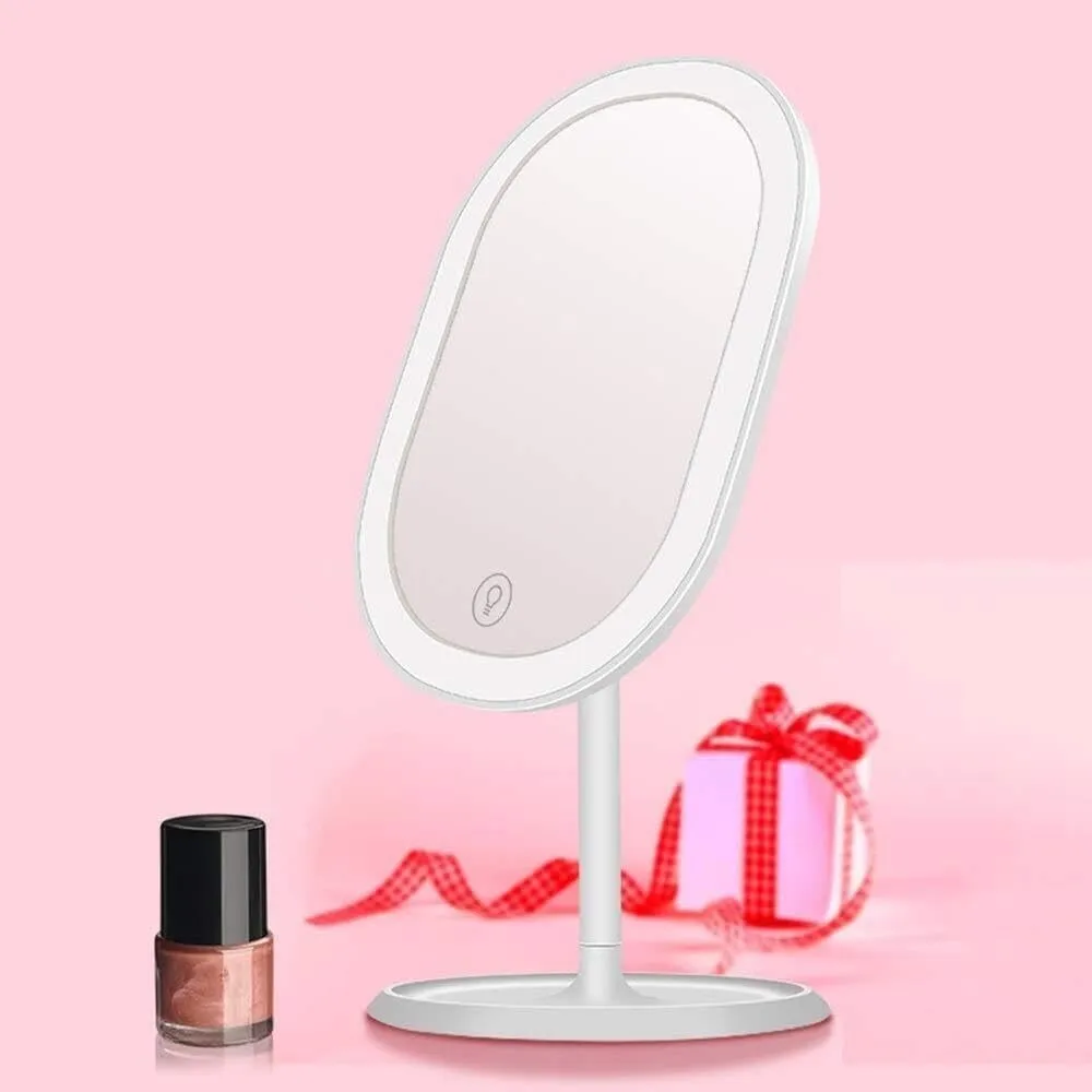 Smart Touch LED Lighted Makeup Mirror, 3-Color Fill Light, USB Rechargeable, Single-Sided Desktop Mirror with Storage Base