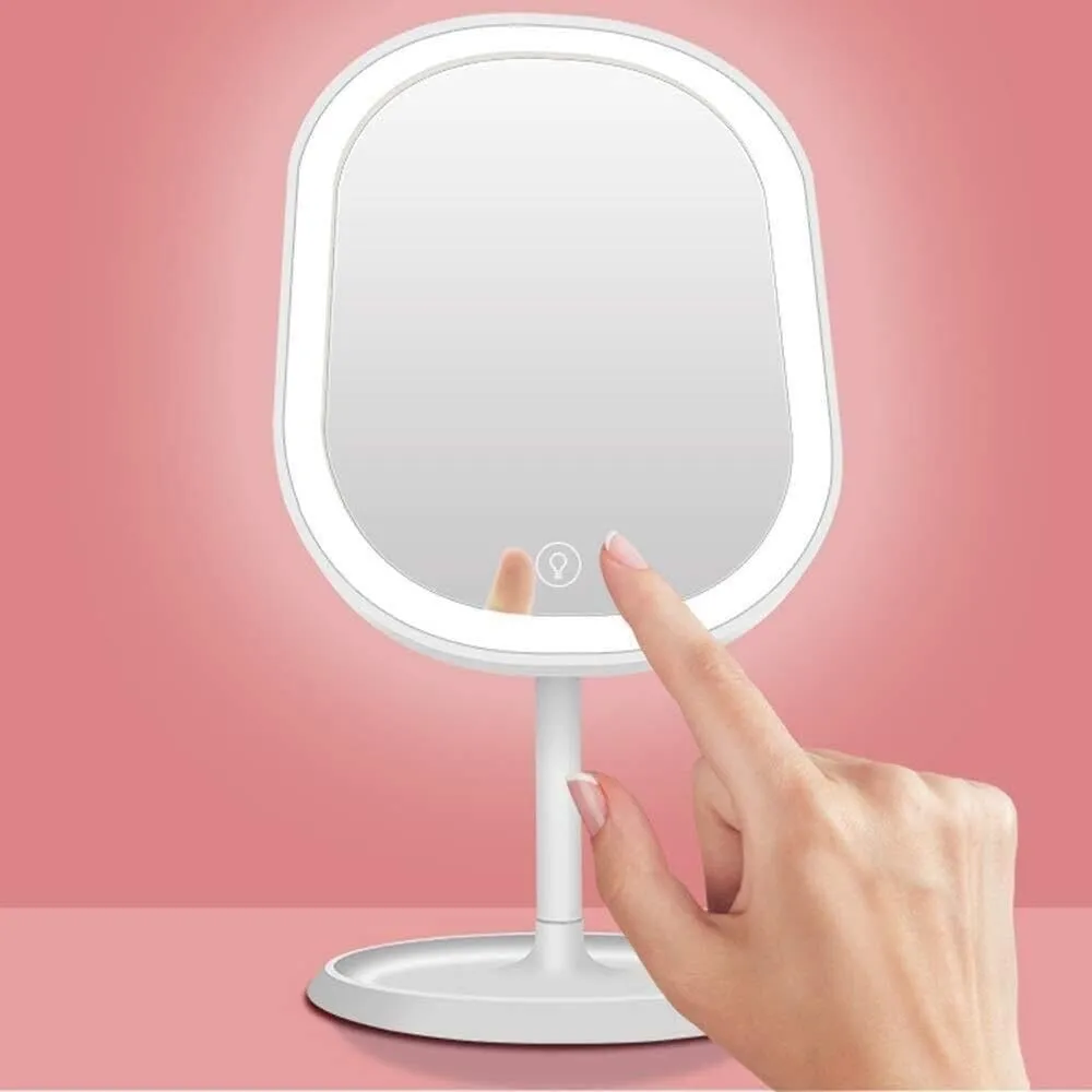 Smart Touch LED Lighted Makeup Mirror, 3-Color Fill Light, USB Rechargeable, Single-Sided Desktop Mirror with Storage Base