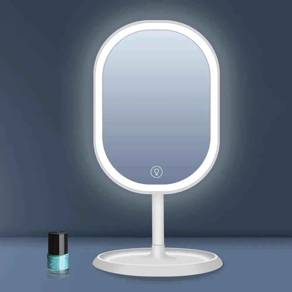 Smart Touch LED Lighted Makeup Mirror, 3-Color Fill Light, USB Rechargeable, Single-Sided Desktop Mirror with Storage Base