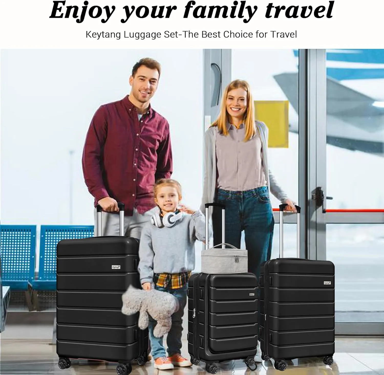 SmileLine 3-Piece Luggage Set Lightweight Hardside Suitcase TSA Lock Spinner Wheels, 20" Expandable Carry-On Luggage with Quick Access Front Open Pocket, Bonus Makeup Bag, 20/24/28 inch, Black