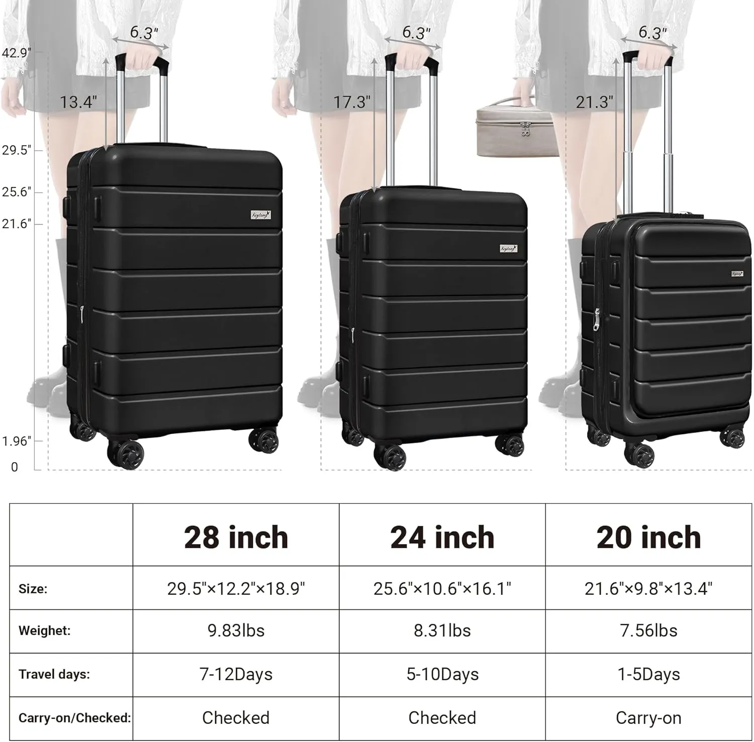SmileLine 3-Piece Luggage Set Lightweight Hardside Suitcase TSA Lock Spinner Wheels, 20" Expandable Carry-On Luggage with Quick Access Front Open Pocket, Bonus Makeup Bag, 20/24/28 inch, Black