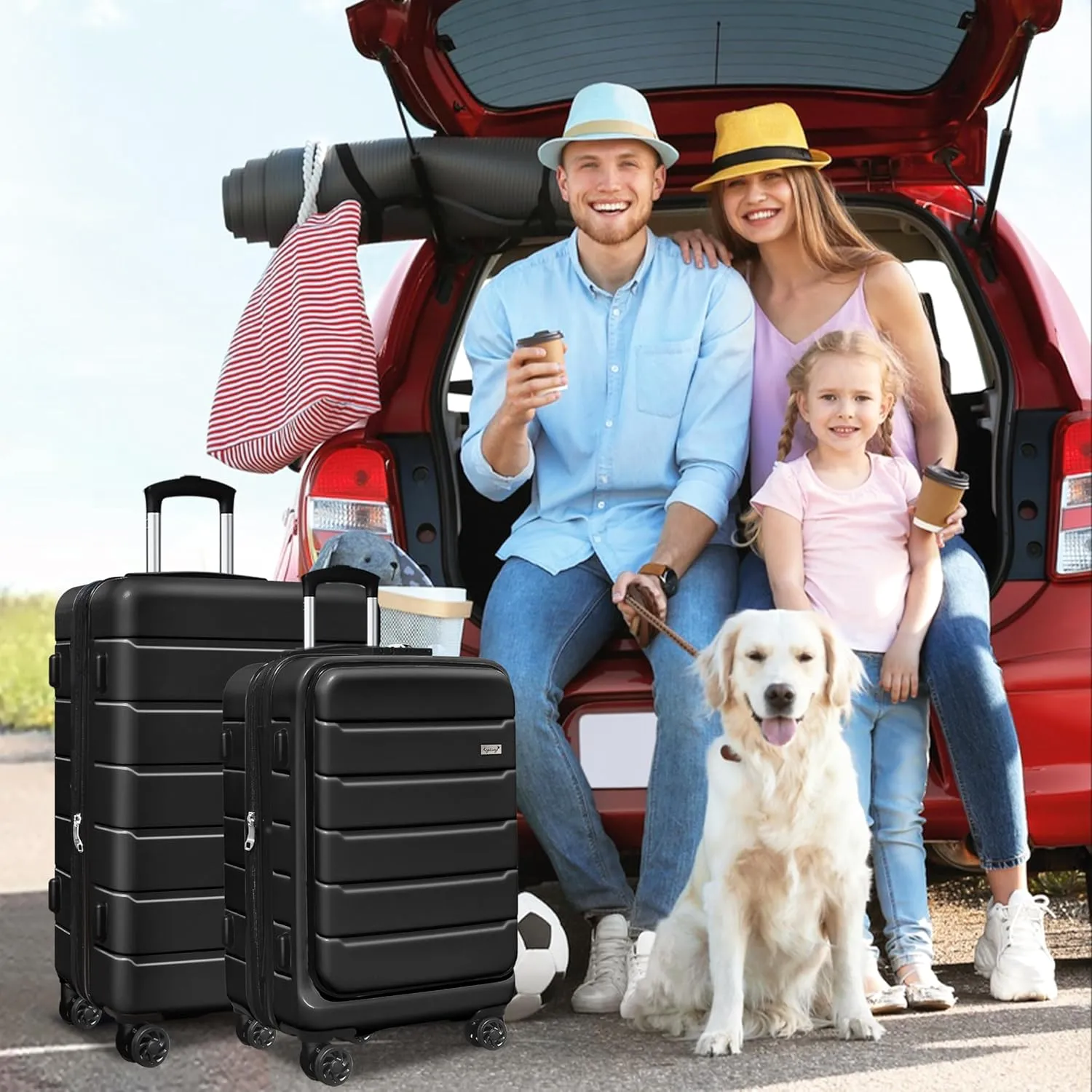 SmileLine 3-Piece Luggage Set Lightweight Hardside Suitcase TSA Lock Spinner Wheels, 20" Expandable Carry-On Luggage with Quick Access Front Open Pocket, Bonus Makeup Bag, 20/24/28 inch, Black