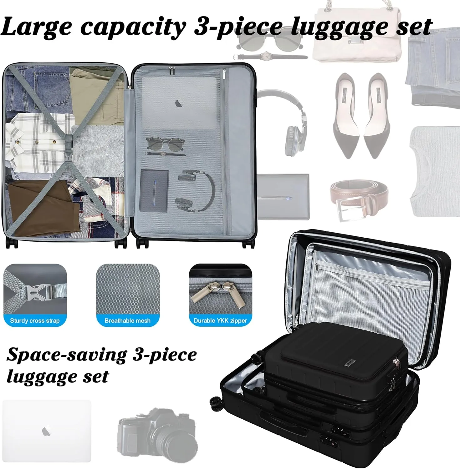 SmileLine 3-Piece Luggage Set Lightweight Hardside Suitcase TSA Lock Spinner Wheels, 20" Expandable Carry-On Luggage with Quick Access Front Open Pocket, Bonus Makeup Bag, 20/24/28 inch, Black