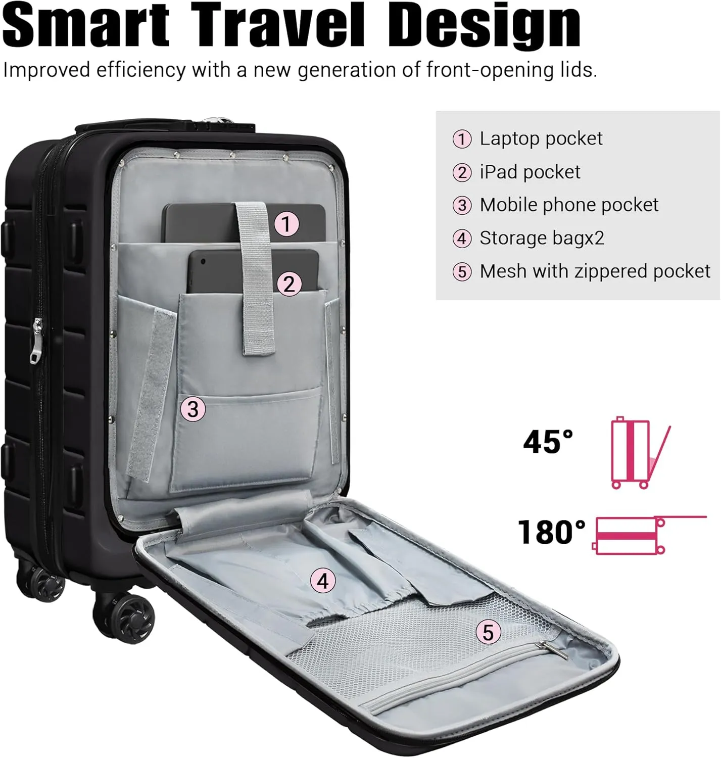 SmileLine 3-Piece Luggage Set Lightweight Hardside Suitcase TSA Lock Spinner Wheels, 20" Expandable Carry-On Luggage with Quick Access Front Open Pocket, Bonus Makeup Bag, 20/24/28 inch, Black