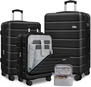 SmileLine 3-Piece Luggage Set Lightweight Hardside Suitcase TSA Lock Spinner Wheels, 20" Expandable Carry-On Luggage with Quick Access Front Open Pocket, Bonus Makeup Bag, 20/24/28 inch, Black