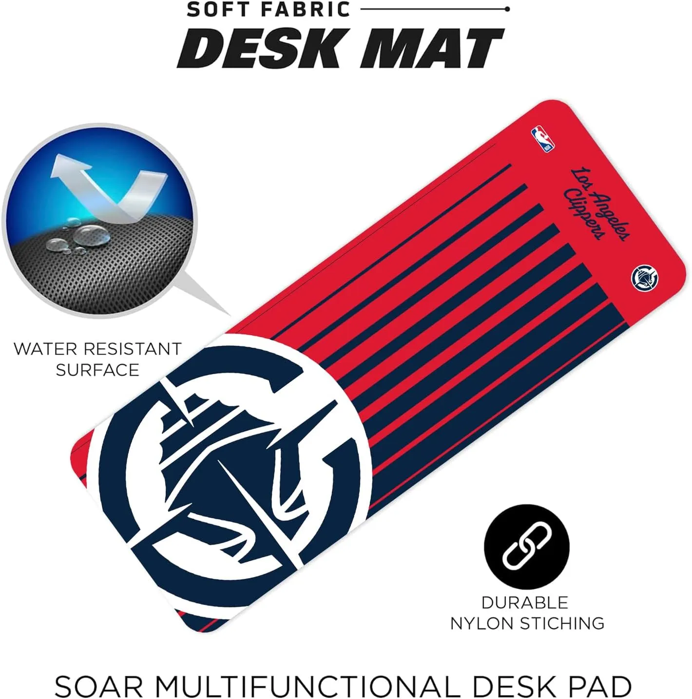 SOAR NBA Multifunctional Desk Mat for Desktop, (31.5"x12") - Ultra Soft Fabric with Non-Slip Rubber Backer - Water Resistant & Durable Nylon Stitching