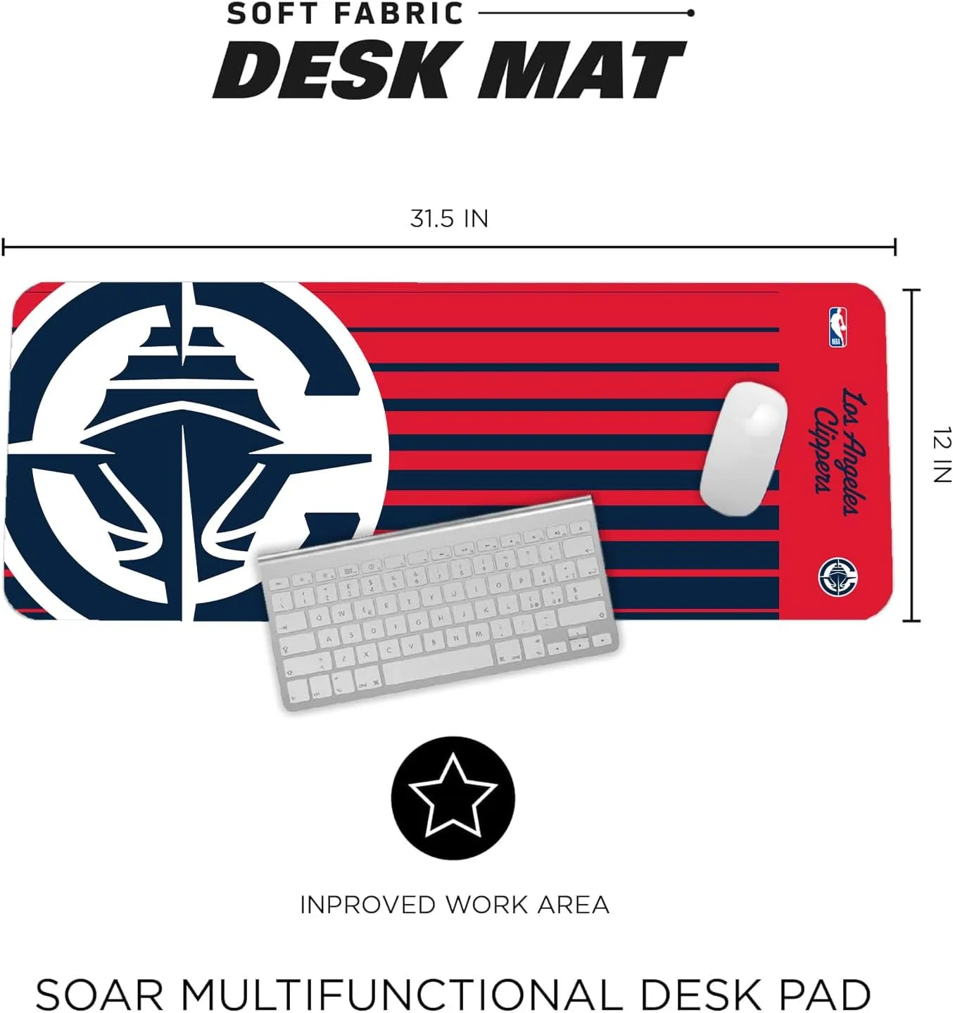 SOAR NBA Multifunctional Desk Mat for Desktop, (31.5"x12") - Ultra Soft Fabric with Non-Slip Rubber Backer - Water Resistant & Durable Nylon Stitching