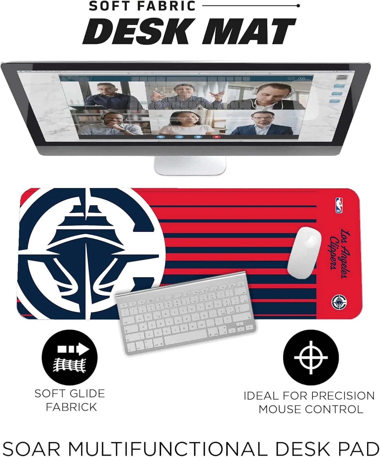 SOAR NBA Multifunctional Desk Mat for Desktop, (31.5"x12") - Ultra Soft Fabric with Non-Slip Rubber Backer - Water Resistant & Durable Nylon Stitching
