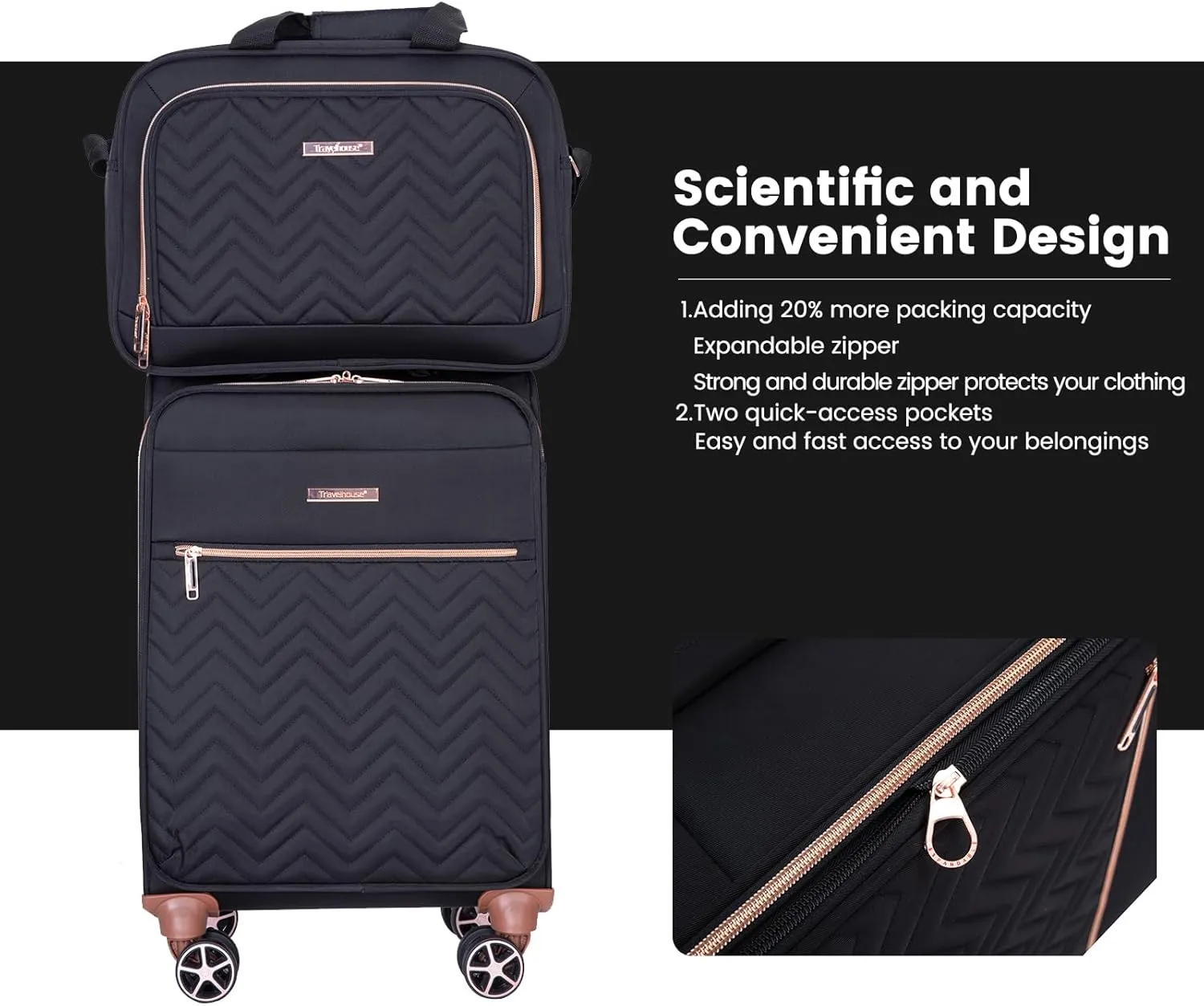 Softside Upright Luggage Set 4 piece, Terylene Expandable Lightweight Suitcase Sets with Double Spinner Wheels (16/20/24/28), Black