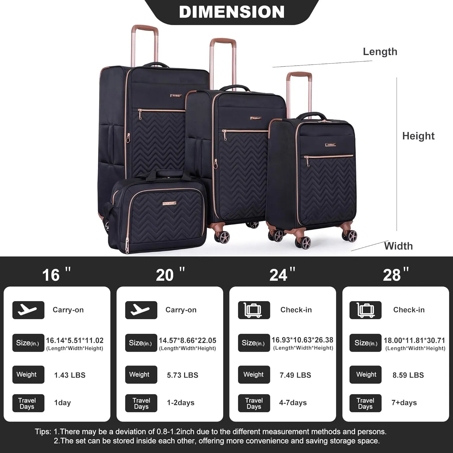 Softside Upright Luggage Set 4 piece, Terylene Expandable Lightweight Suitcase Sets with Double Spinner Wheels (16/20/24/28), Black