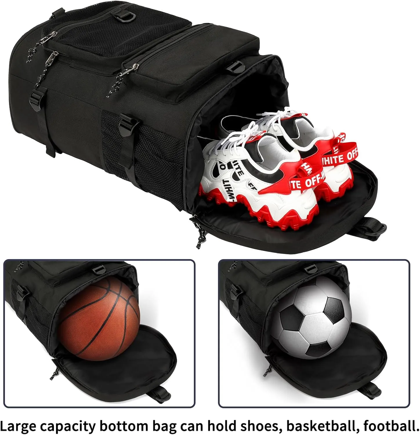 Solid color gym duffel bag backpack, wrestling bag,with shoe compartment, 4 kinds of back method waterproof travel sports walking laptop Lightweight (B-Black)
