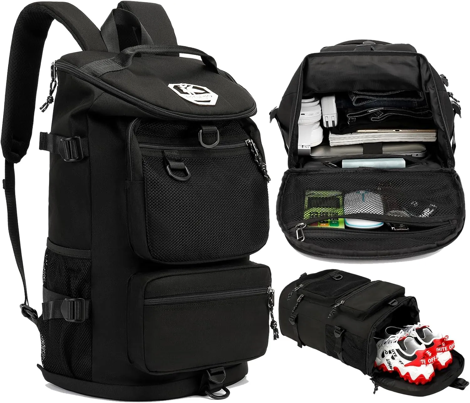 Solid color gym duffel bag backpack, wrestling bag,with shoe compartment, 4 kinds of back method waterproof travel sports walking laptop Lightweight (B-Black)