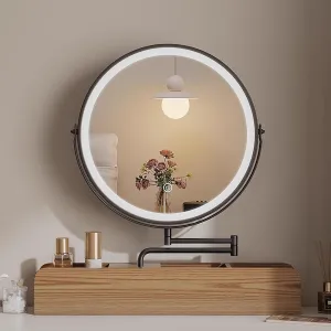 Solid Wood Smart Makeup Mirror, with 3 Color Lighting Dimmable, Desktop Rotating Light Up Mirror, Large Capacity Storage Box at The Bottom(Black,40 * 40cm/15.7 * 15.7in)
